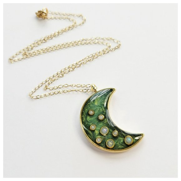Crescent Moon Pendant Necklace Metallic Forest Green and Gold Handmade Necklace - Picture 3 of 10